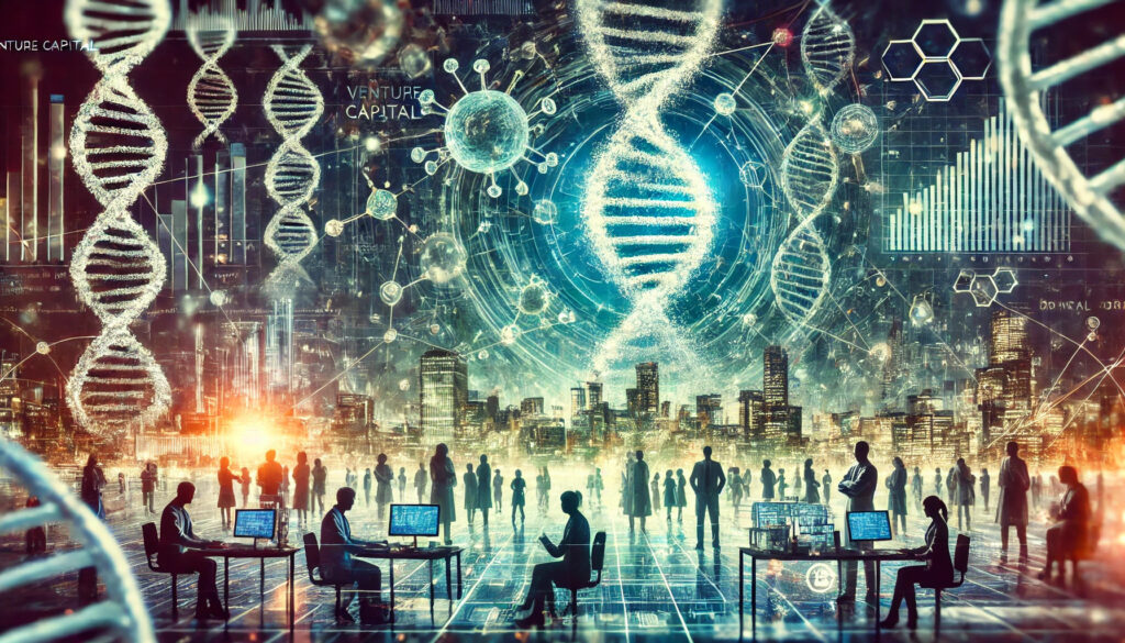 Futuristic biotech investment illustration featuring scientists, DNA strands, and digital networks, symbolizing venture capital driving innovation and growth in the biotech industry.